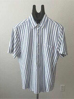 Portuguese Flannel Praia Striped Popover Shirt L Blue White Short Sleeve Cotton